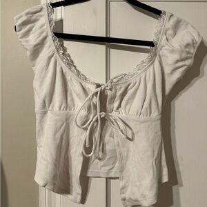 Garage White Lace-Trim Tie-Front Crop Top